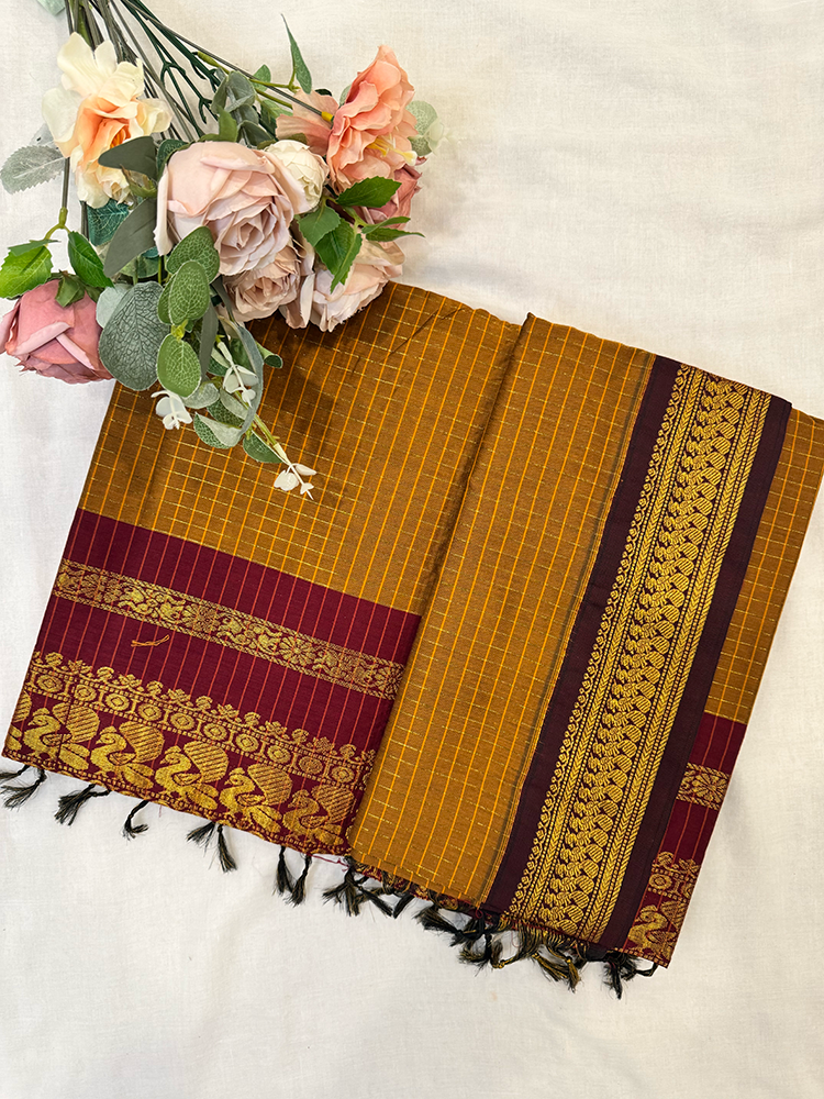 Mustard yellow checked kalyani silk cotton saree with maroon and gold border