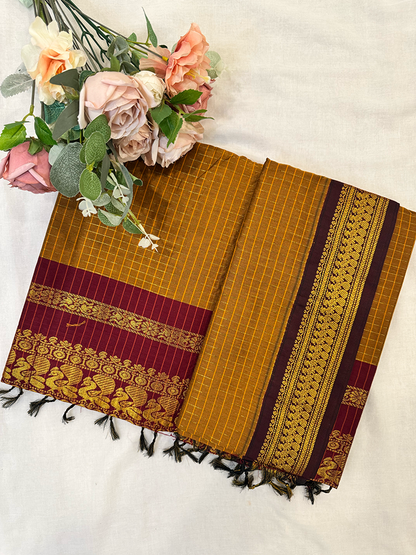 Mustard yellow checked kalyani silk cotton saree with maroon and gold border